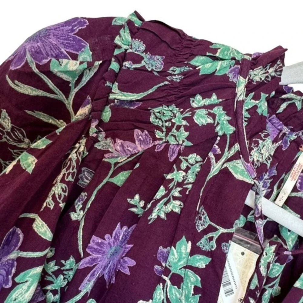Free People Meant to Be Floral Puff‎ Sleeve Button Up Blouse Top NWT